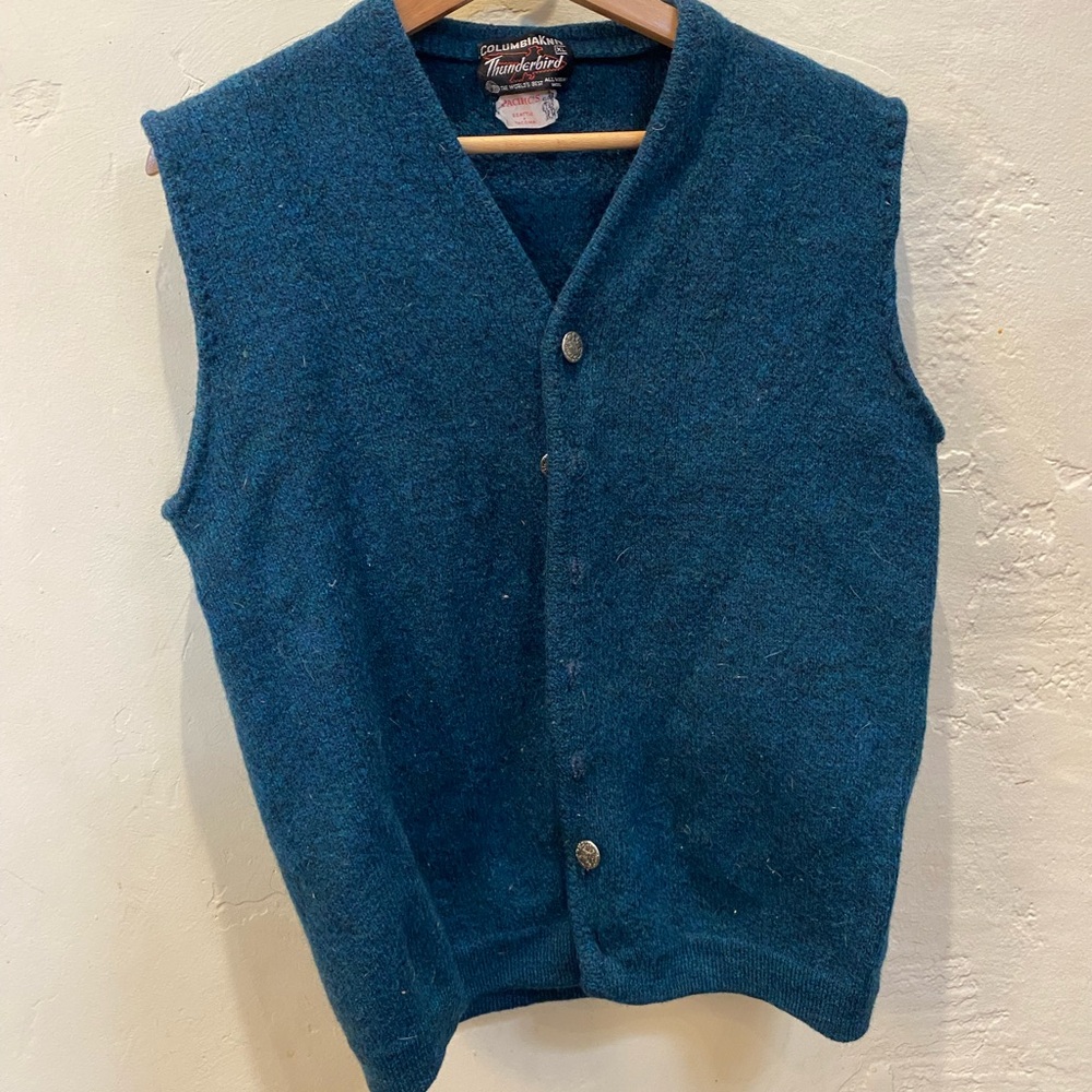 Vintage Thunderbird Teal Wool Vest with Button Detail